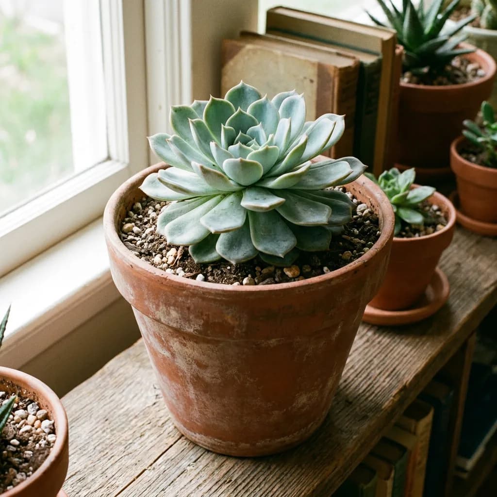 Potted succulent in terracotta pot on wooden shelf, Nano Banana Pro — finest leaf detail and most accurate terracotta texture