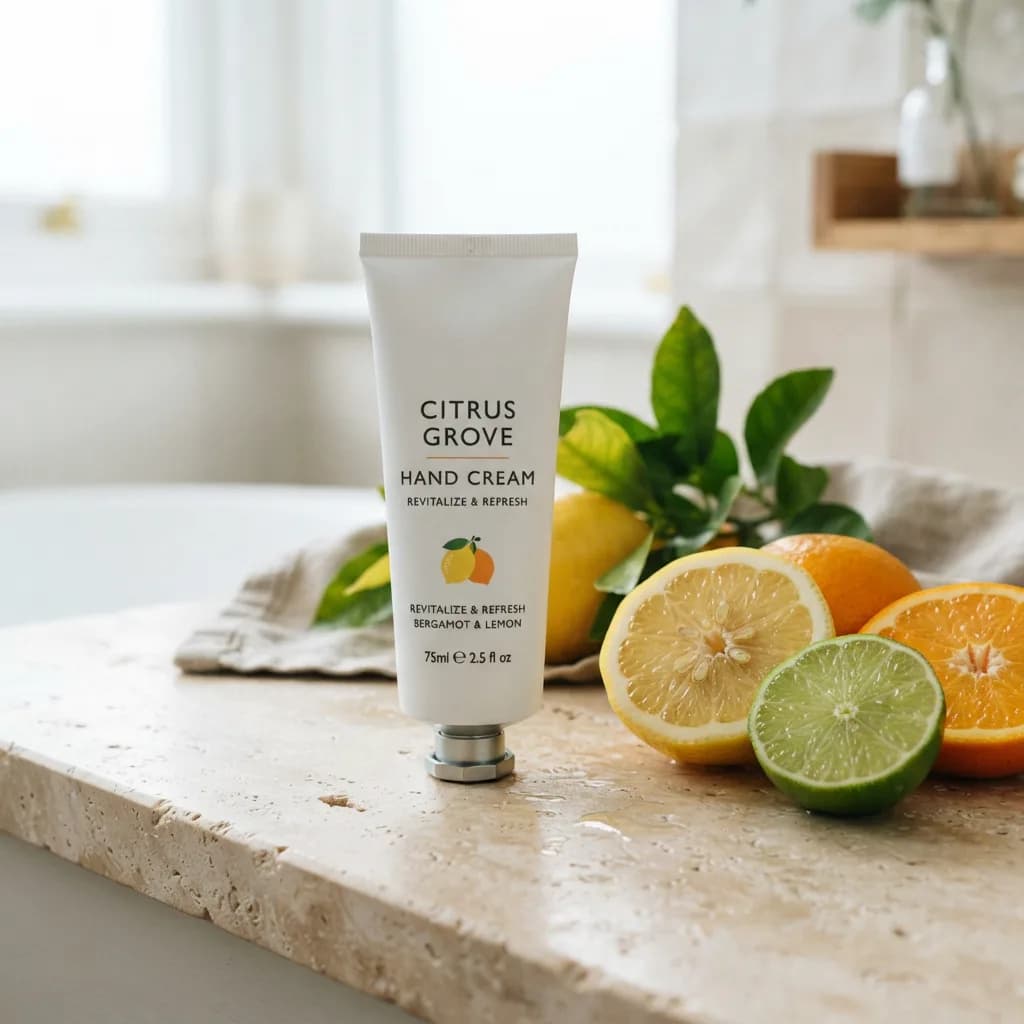 Tube of hand cream next to sliced citrus on stone, Nano Banana 2 Lite
