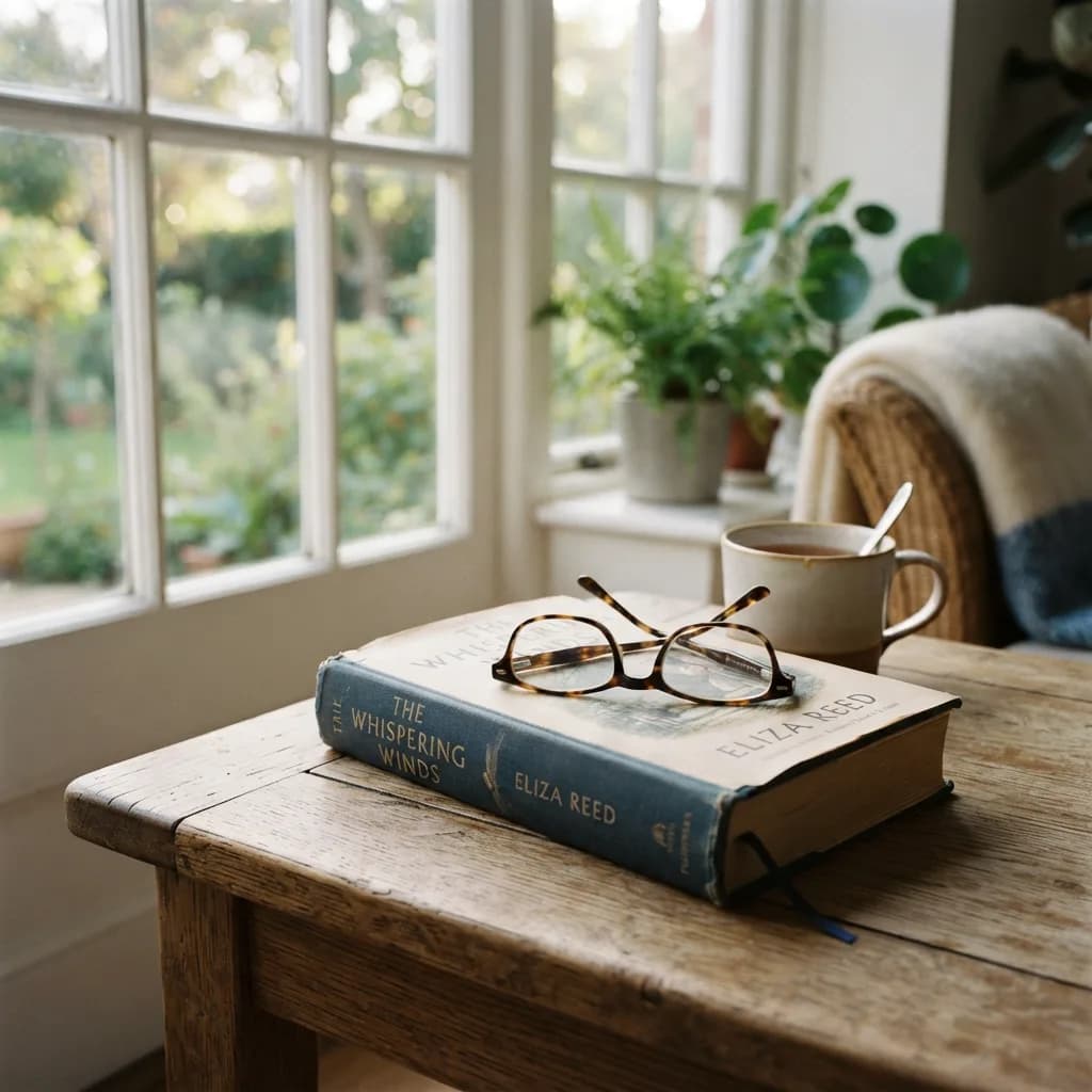 Hardcover book with glasses on wooden table near window, Nano Banana 2 Lite