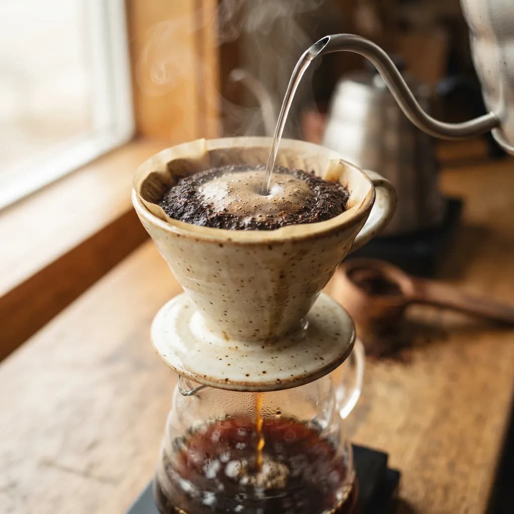 Ceramic pour-over coffee dripper with fresh grounds, Nano Banana 2 Lite — macro shot, visible steam