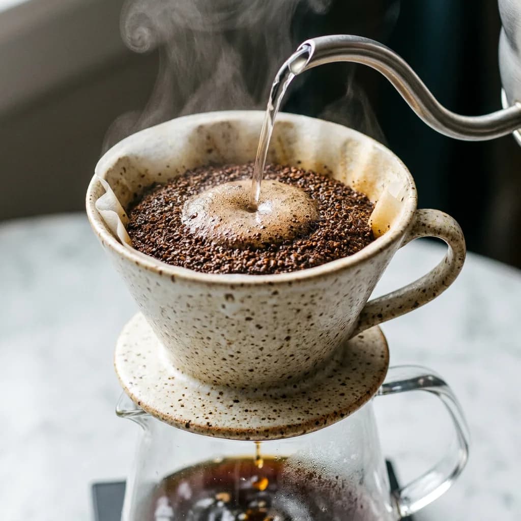 Ceramic pour-over coffee dripper with fresh grounds, Nano Banana Pro — crispest macro detail and most convincing steam