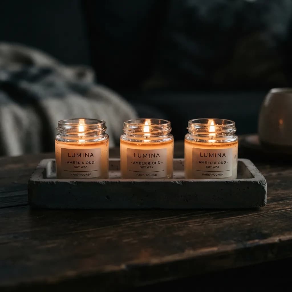 Three candles in glass jars on a concrete tray, generated by Nano Banana 2 Lite at $0.03 — warm amber glow, readable LUMINA labels on every jar, dark background, commercially viable product shot