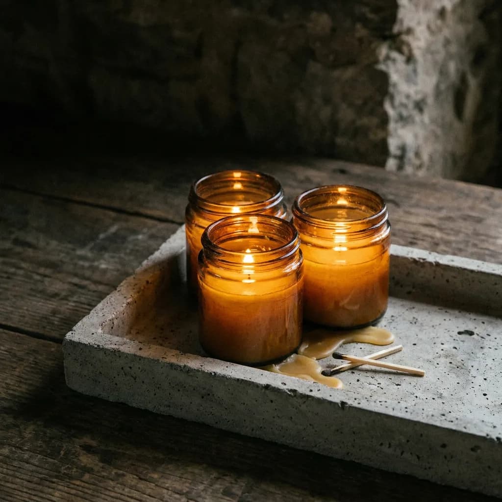 Three candles in amber jars on a concrete tray, generated by Nano Banana Pro at $0.11 — artistic composition with no labels, moody and organic but less commercially structured