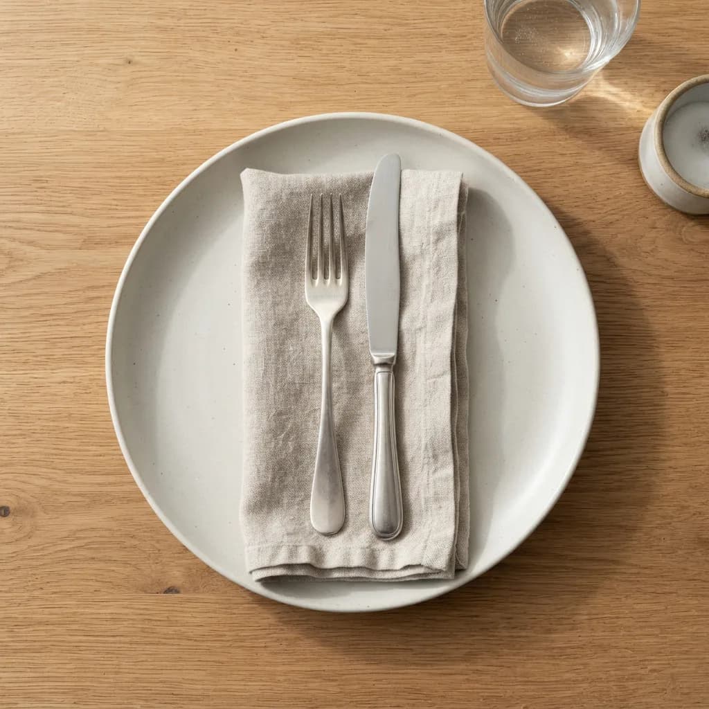 Folded linen napkin with silver fork and knife on white plate, Nano Banana 2 Lite