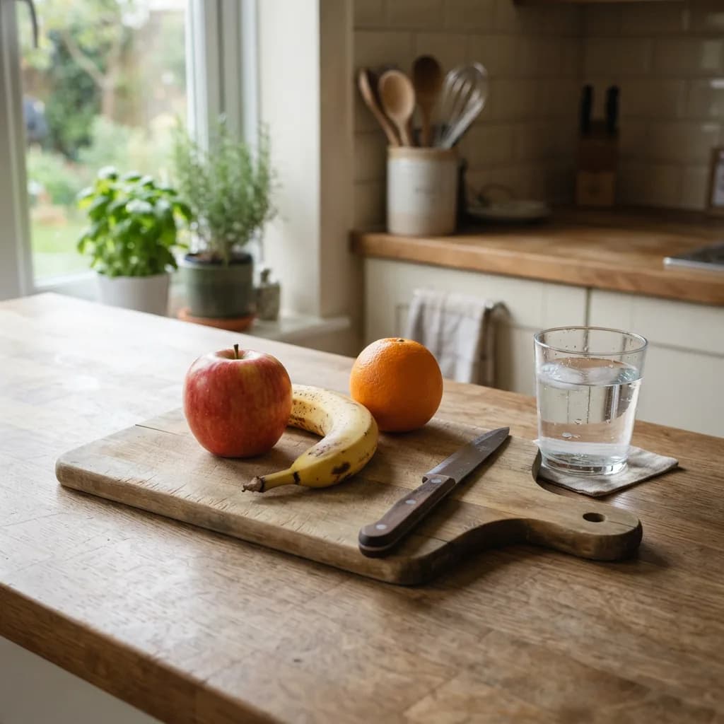 Kitchen counter with cutting board, apple, banana, orange, knife and glass of water, Nano Banana 2 Lite — all items present, soft daylight