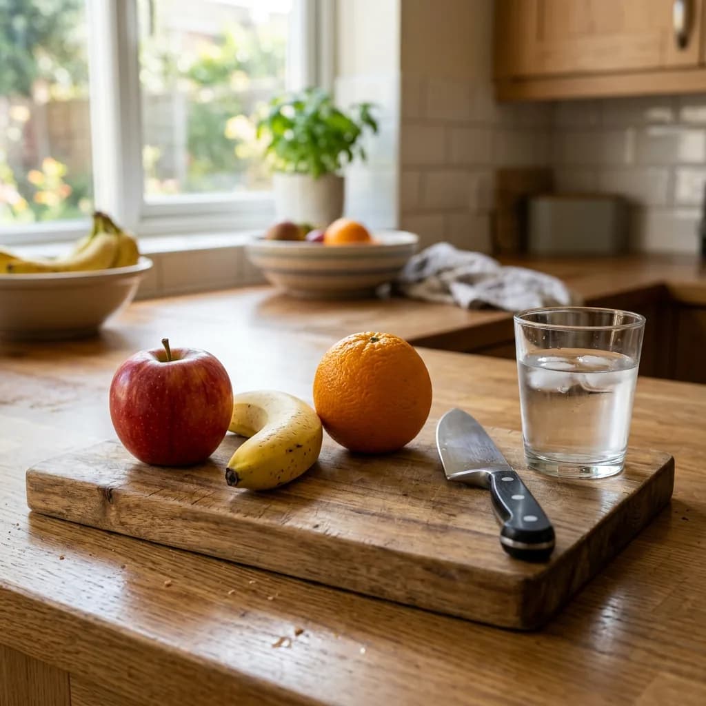 Kitchen counter with cutting board and fruits, Nano Banana 2 — more natural arrangement, same item count