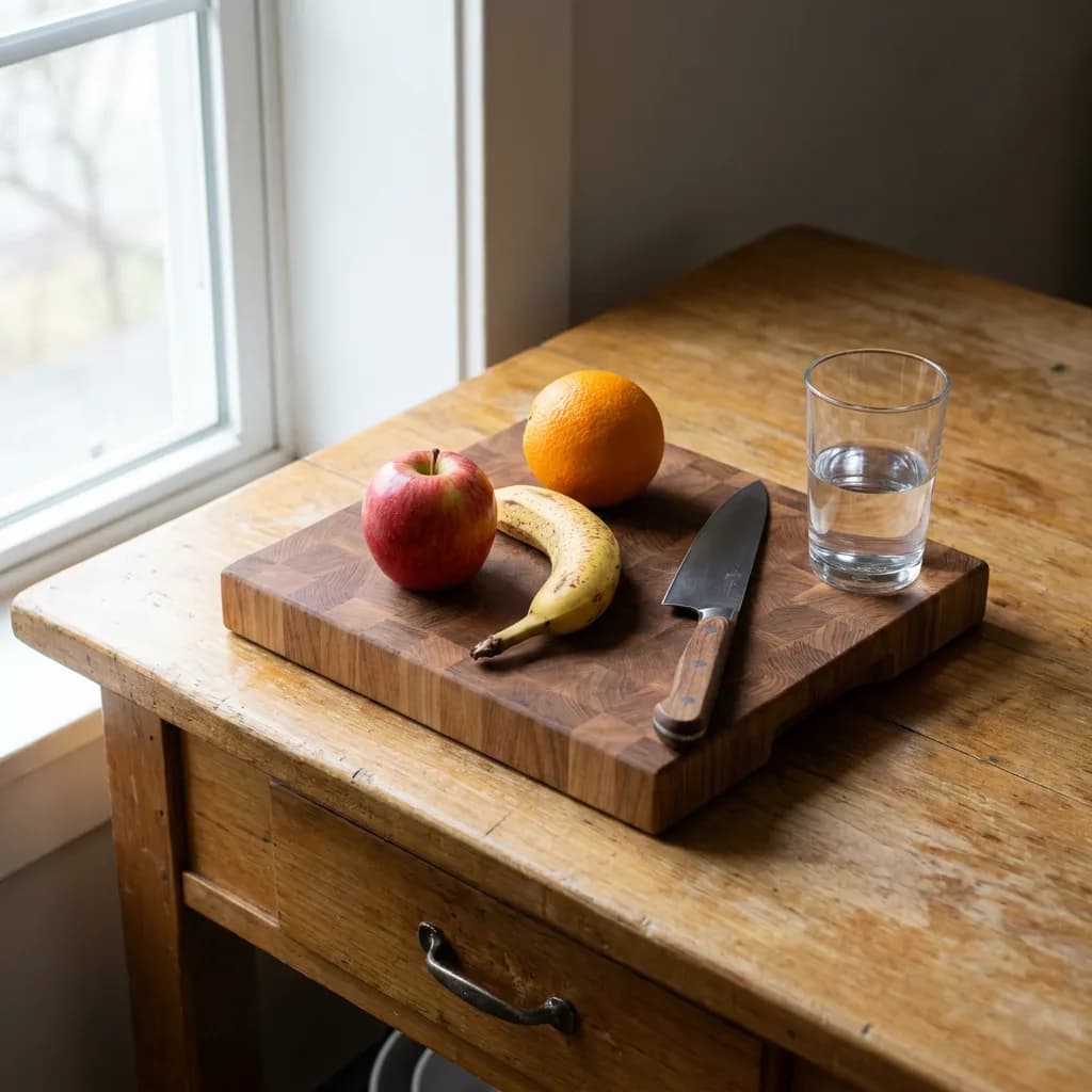 Kitchen counter with cutting board and fruits, Nano Banana Pro — best environmental context and lighting accuracy