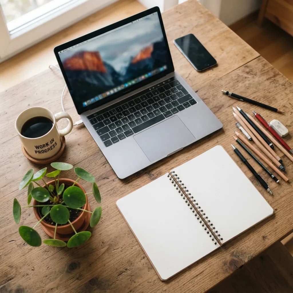 Workspace with laptop, potted plant, coffee mug, pencils and notebook, Nano Banana 2 Lite — added WORK IN PROGRESS text on mug and macOS wallpaper on laptop