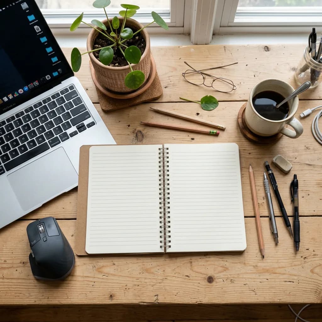Workspace overhead view, Nano Banana 2 — clean arrangement, natural item placement