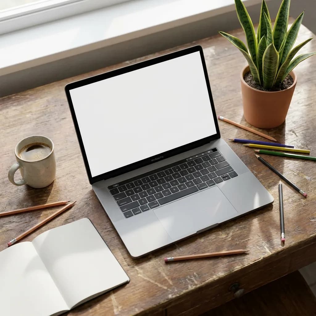 Workspace overhead view, Nano Banana Pro — most polished composition and sharpest notebook detail
