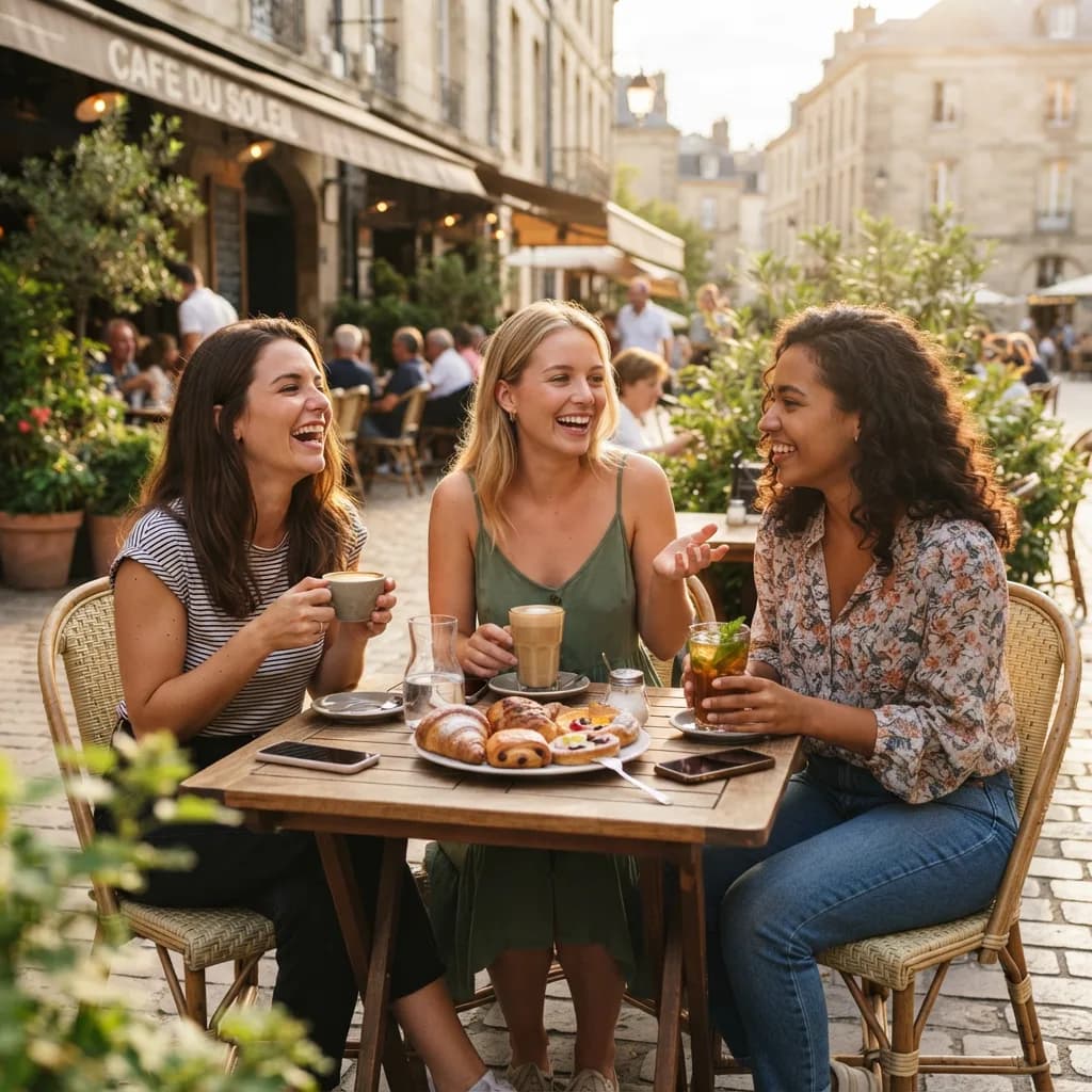 Three friends at outdoor cafe table with drinks and pastries, Nano Banana 2 Lite