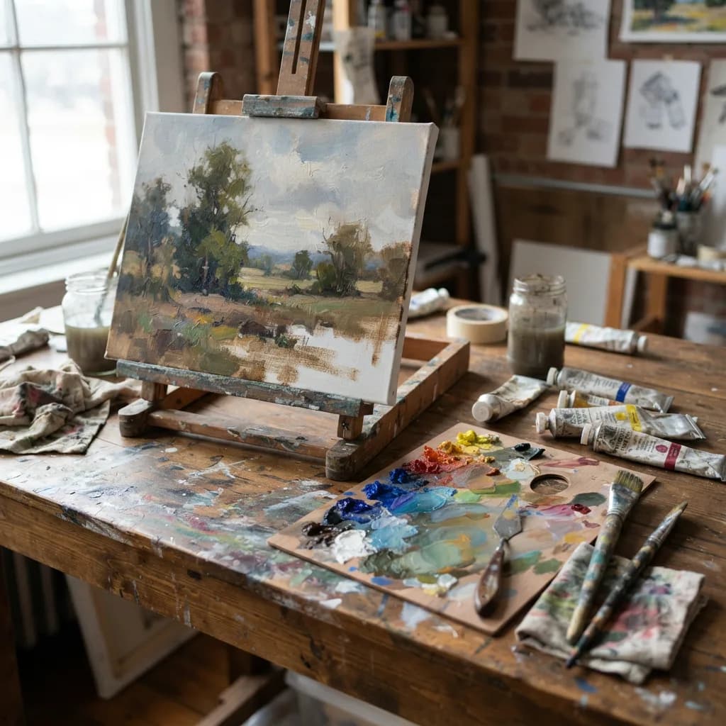 Artist table with paint tubes, brushes, palette and half-finished canvas, Nano Banana 2 Lite