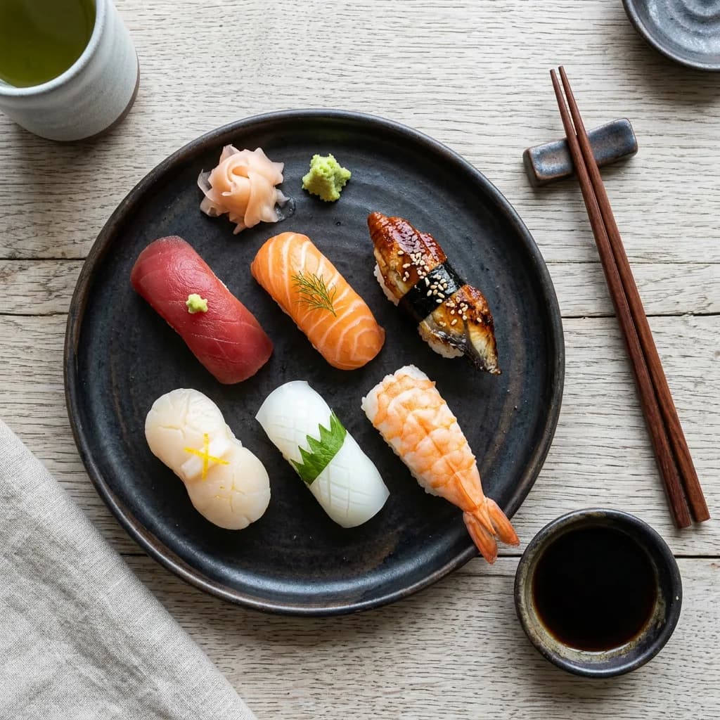 Sushi platter overhead, Nano Banana 2 — more detailed rice texture on nigiri