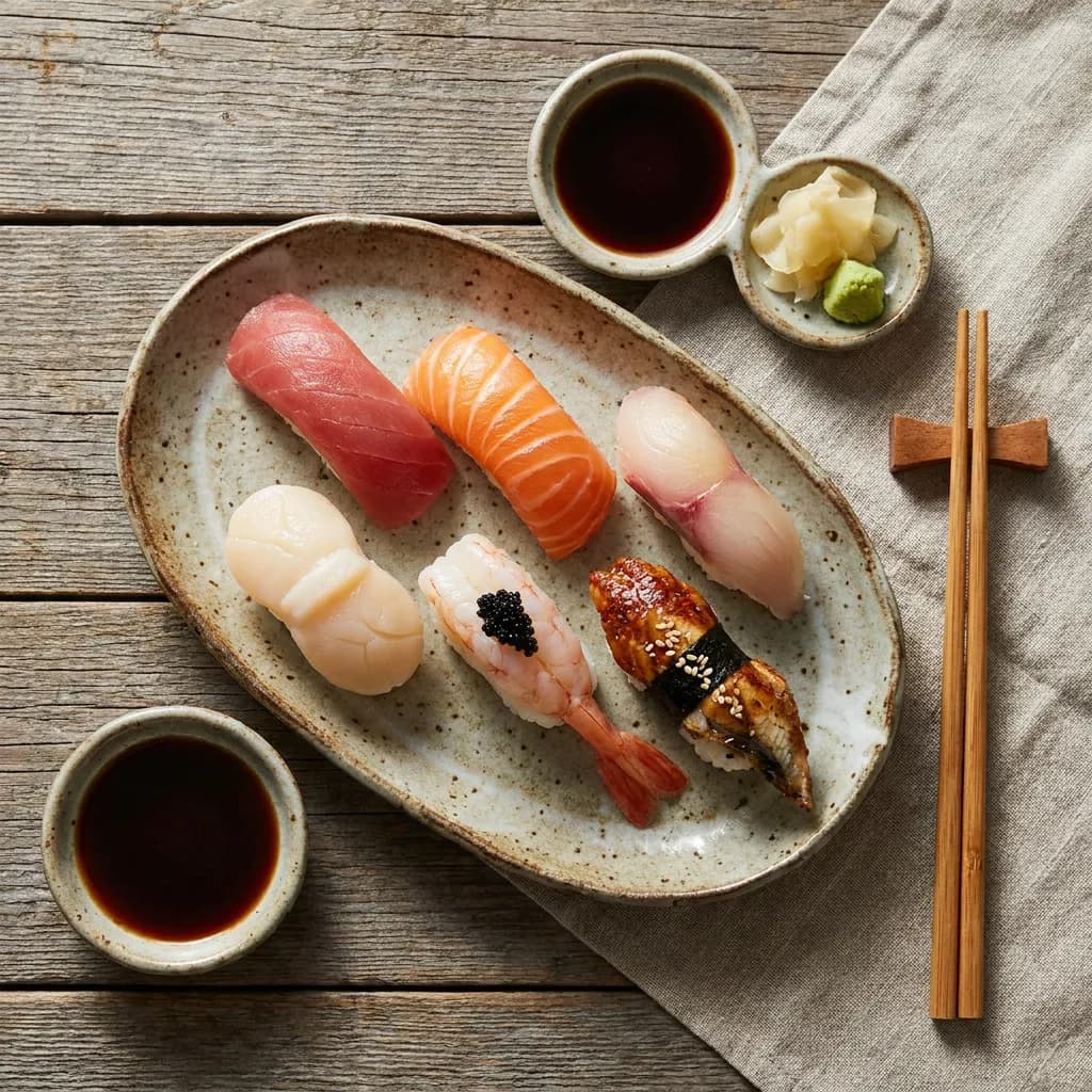 Sushi platter overhead, Nano Banana Pro — sharpest fish detail and most convincing soy sauce reflections