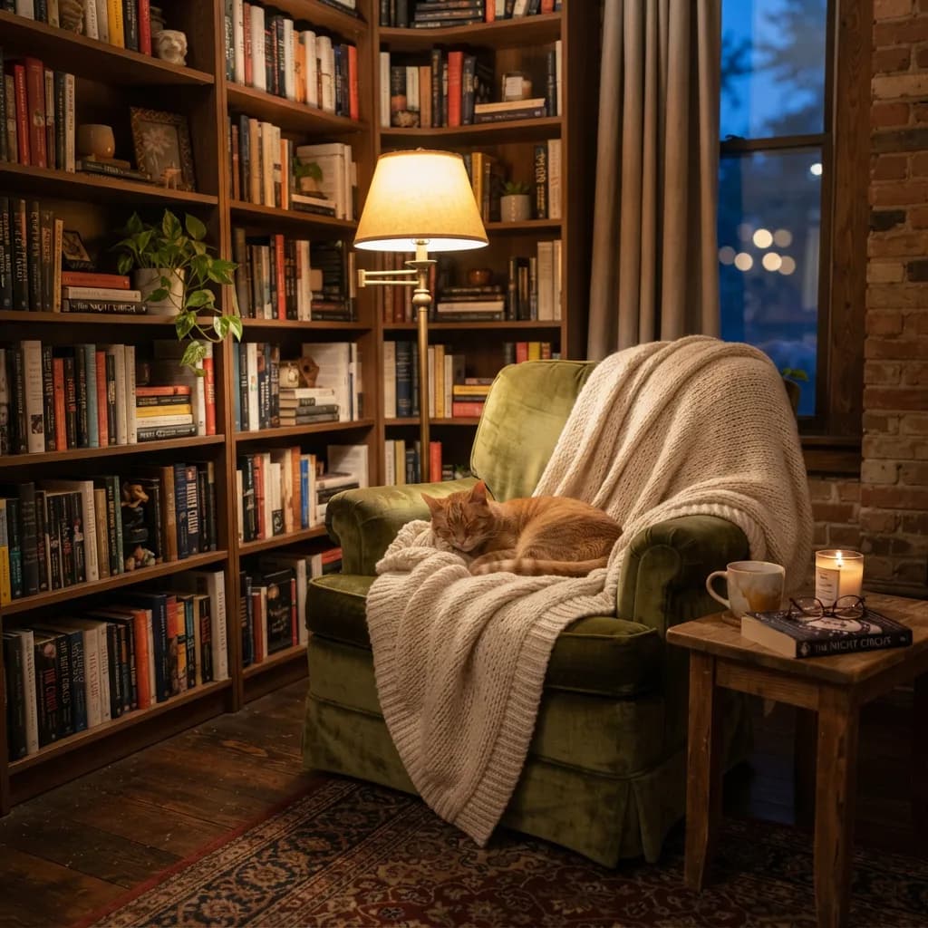 Cozy reading nook with armchair, bookshelf, reading lamp and sleeping cat, Nano Banana 2 Lite — warm evening light, all four elements present
