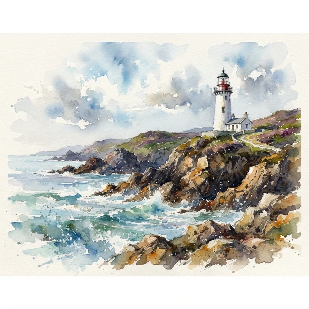 Lighthouse on rocky coast in watercolor painting style, Nano Banana 2 Lite — visible brushstrokes, soft color bleeding, convincing watercolor texture