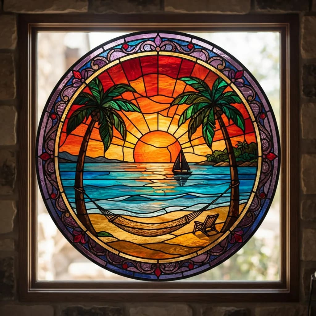 Tropical beach sunset as stained glass window design, Nano Banana 2 Lite — bold black outlines, vivid colors, convincing glass texture