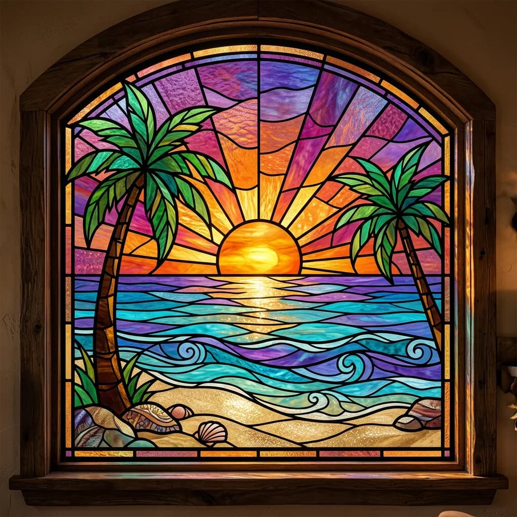 Tropical beach sunset stained glass, Nano Banana 2 — similar composition and outline quality