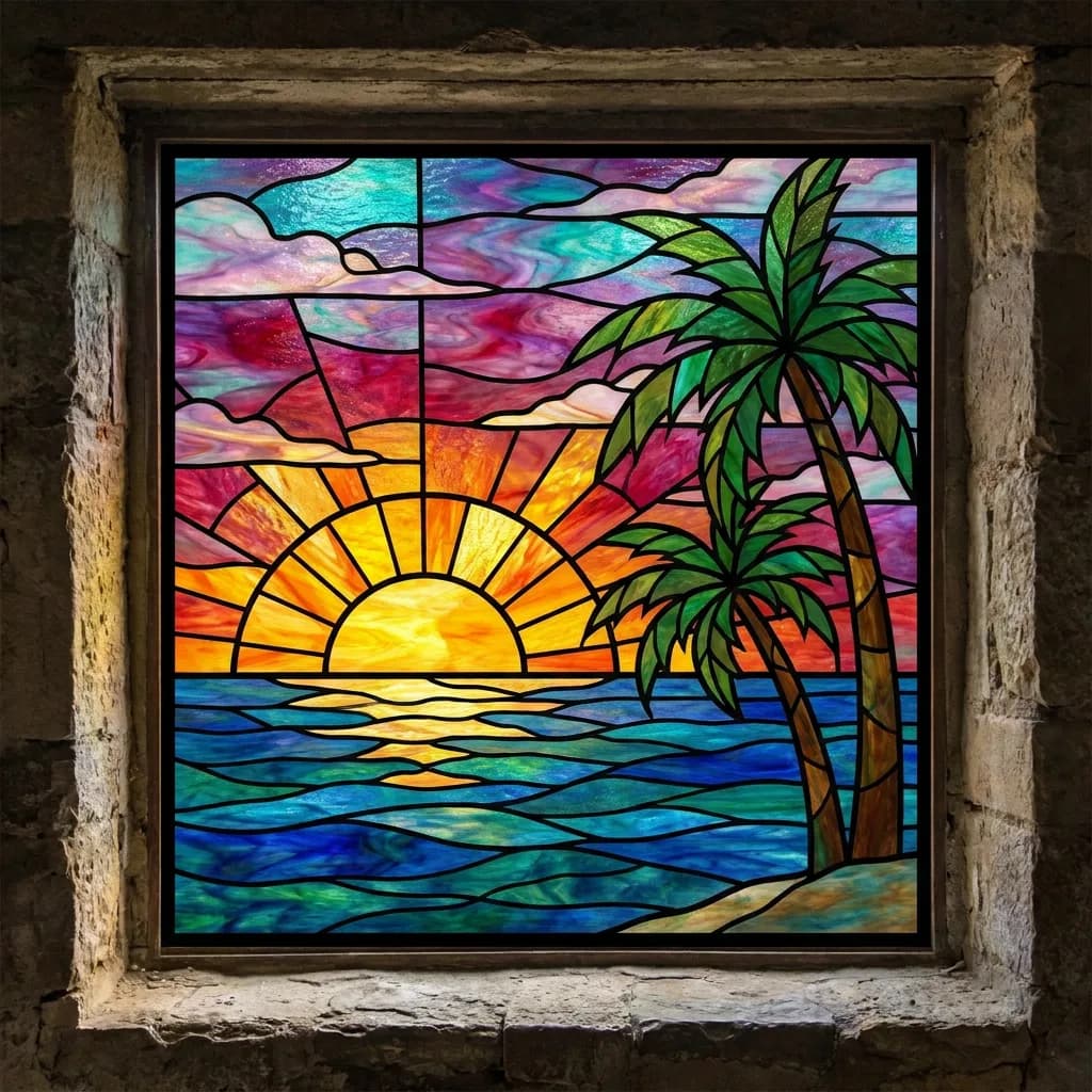 Tropical beach sunset stained glass, Nano Banana Pro — richest color saturation within the glass segments