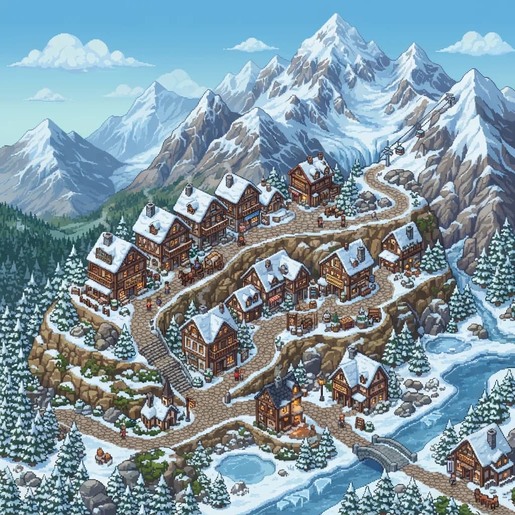Mountain village as isometric pixel art, Nano Banana 2 Lite — recognizable style, snow-capped peaks