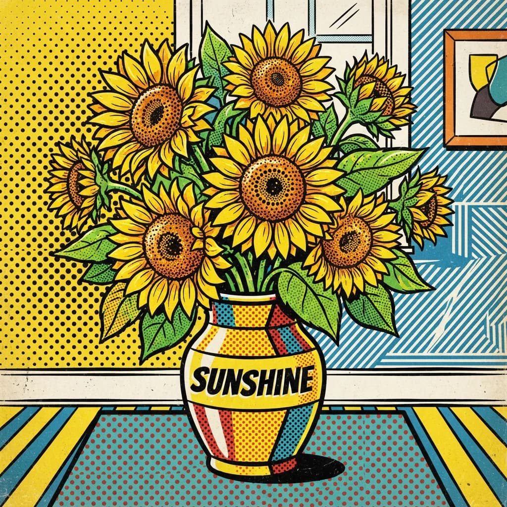 Bouquet of sunflowers as pop art illustration, Nano Banana 2 Lite — bold colors with halftone dots