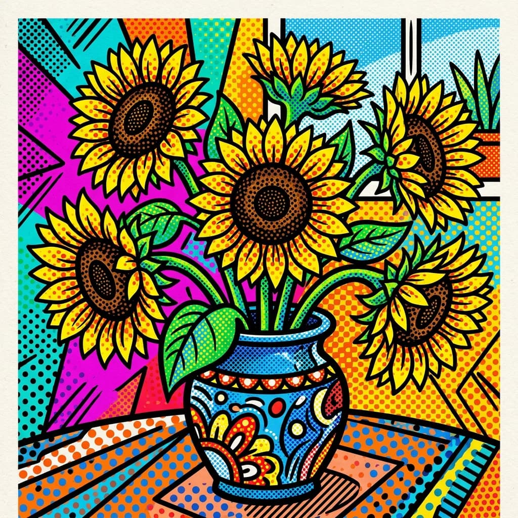 Sunflowers pop art, Nano Banana 2 — similar halftone pattern, slightly softer colors