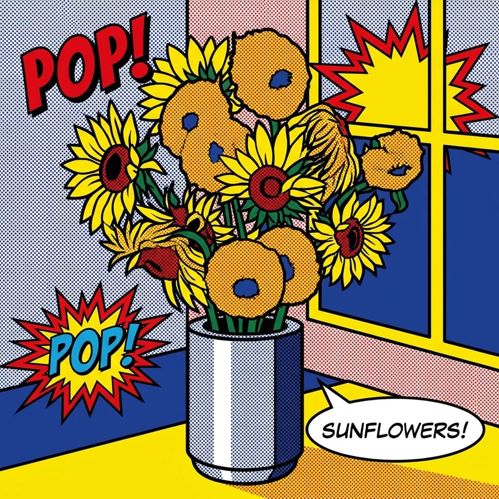 Sunflowers pop art, Nano Banana Pro — sharper halftone pattern and richer color contrast