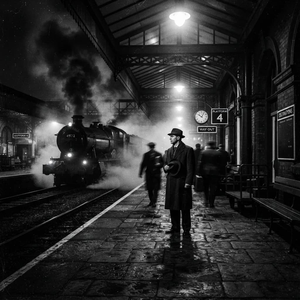 Old train station platform in film noir style, Nano Banana 2 Lite — high contrast black and white, moody atmosphere