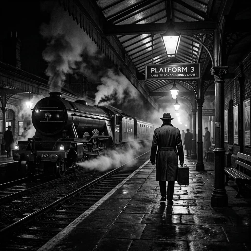 Train station film noir, Nano Banana 2 — similar mood, slightly more detailed platform texture