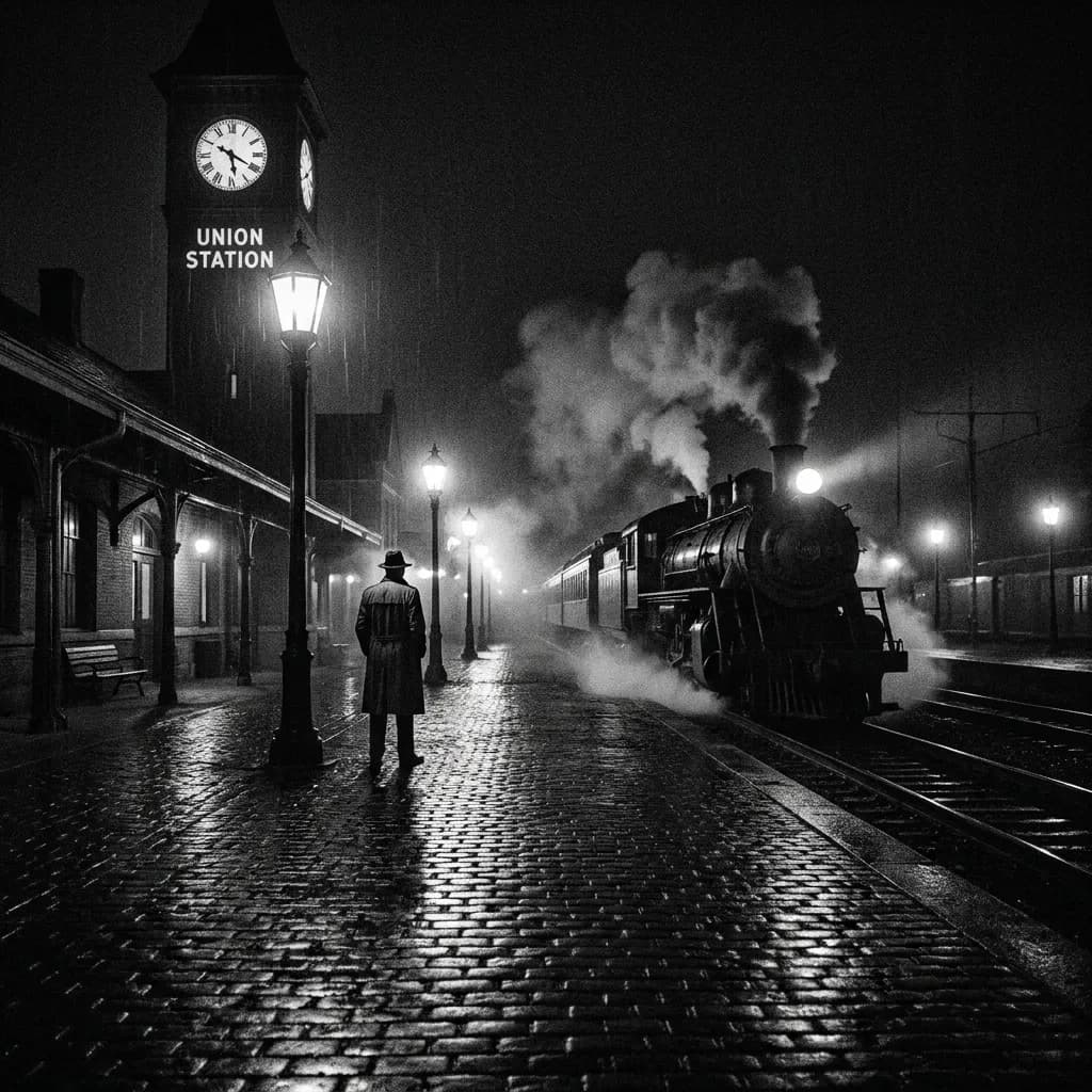 Train station film noir, Nano Banana Pro — proper grain structure and most refined tonal separation