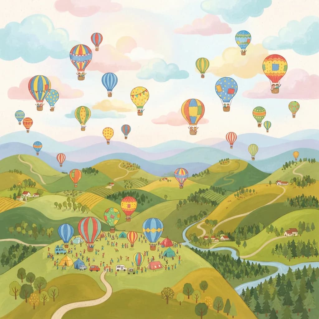 Hot air balloon festival as children's book illustration, Nano Banana 2 Lite at $0.03 — flat colors, soft edges, charming style