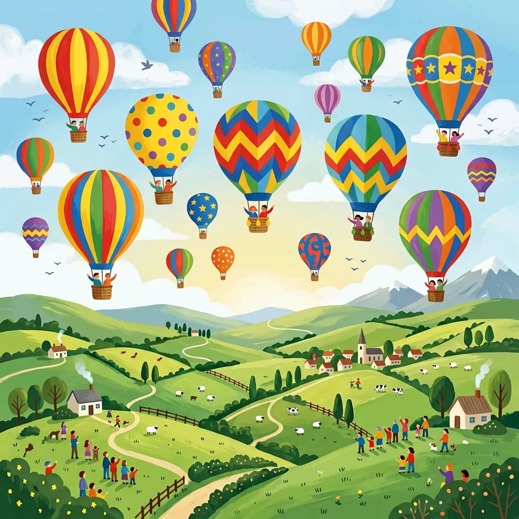 Hot air balloon children's book, Nano Banana 2 — similar flat style, mid-range detail