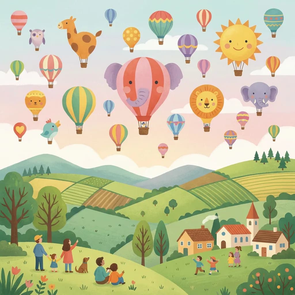 Hot air balloon festival as children's book illustration, Nano Banana Pro at $0.11 — same flat style, slightly richer detail in hills