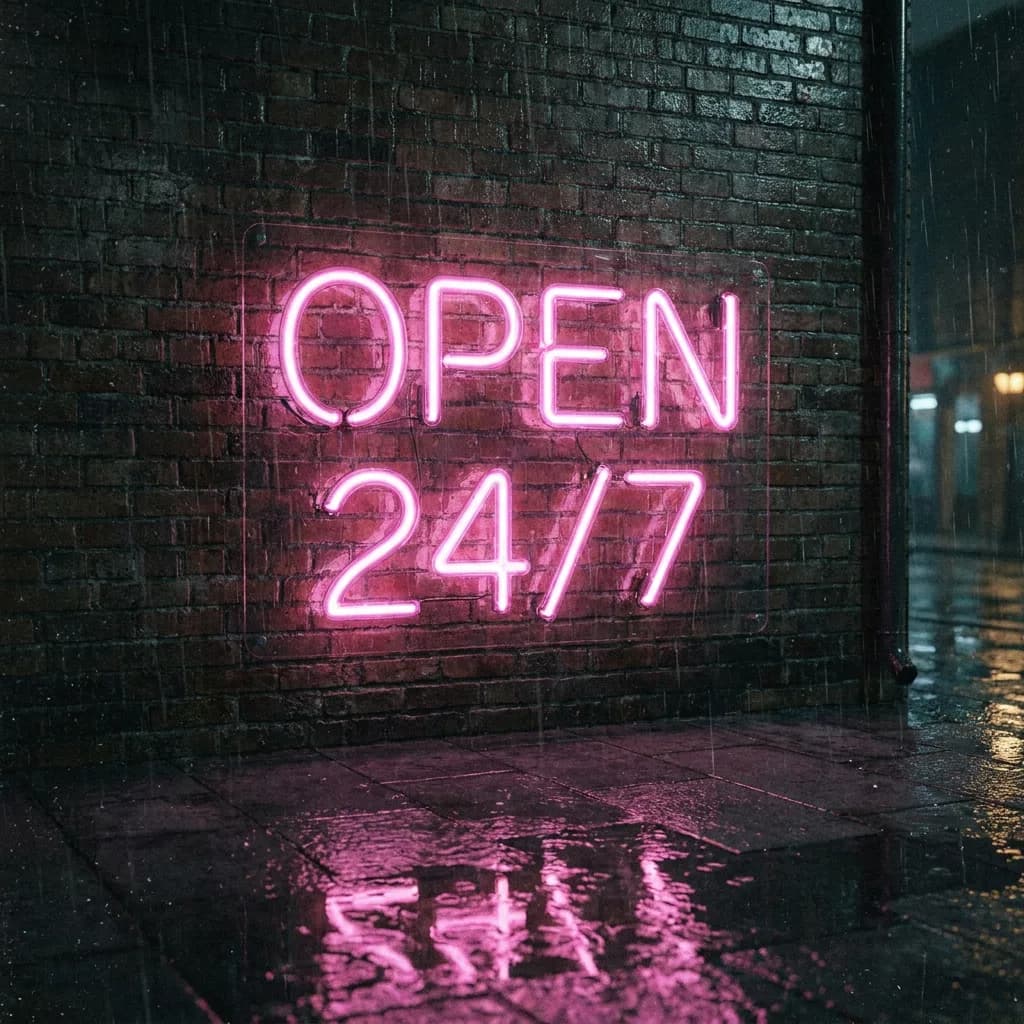 Neon sign reading OPEN 24/7 on dark brick wall, generated by Nano Banana Pro — similarly legible with tighter composition and richer glow