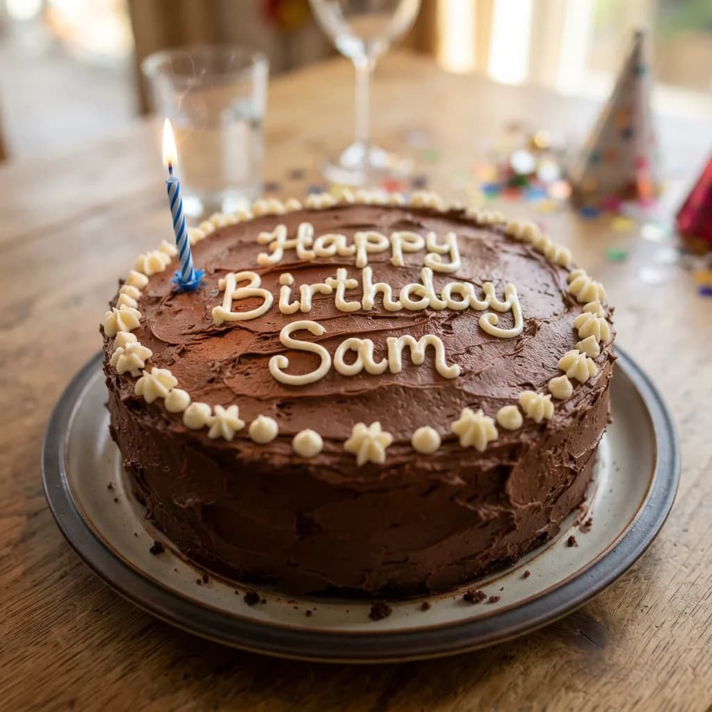 Birthday cake with Happy Birthday Sam in white icing on chocolate frosting, Nano Banana 2 Lite — legible cursive, close-up