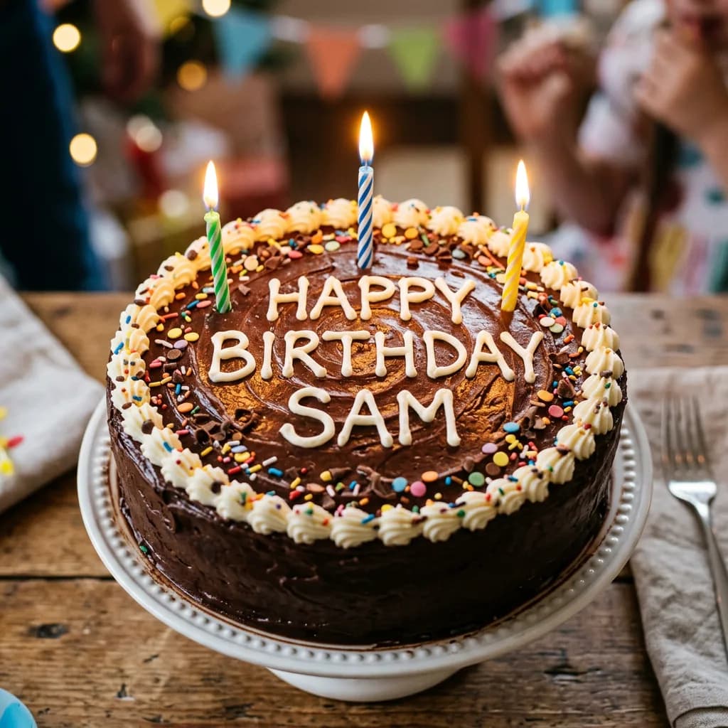 Birthday cake with Happy Birthday Sam, Nano Banana 2 — similar quality, slightly different icing style