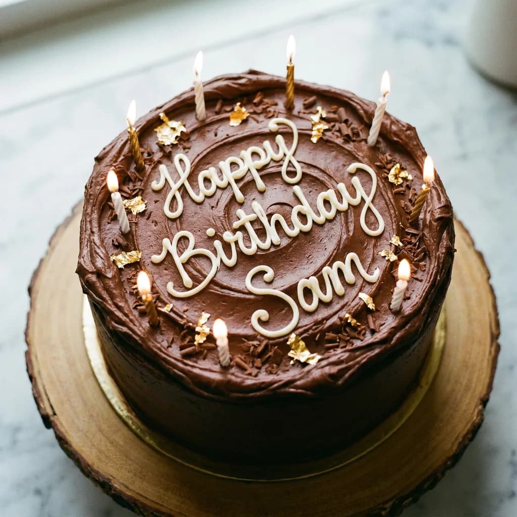Birthday cake with Happy Birthday Sam, Nano Banana Pro — cleanest cursive letterforms on smooth frosting
