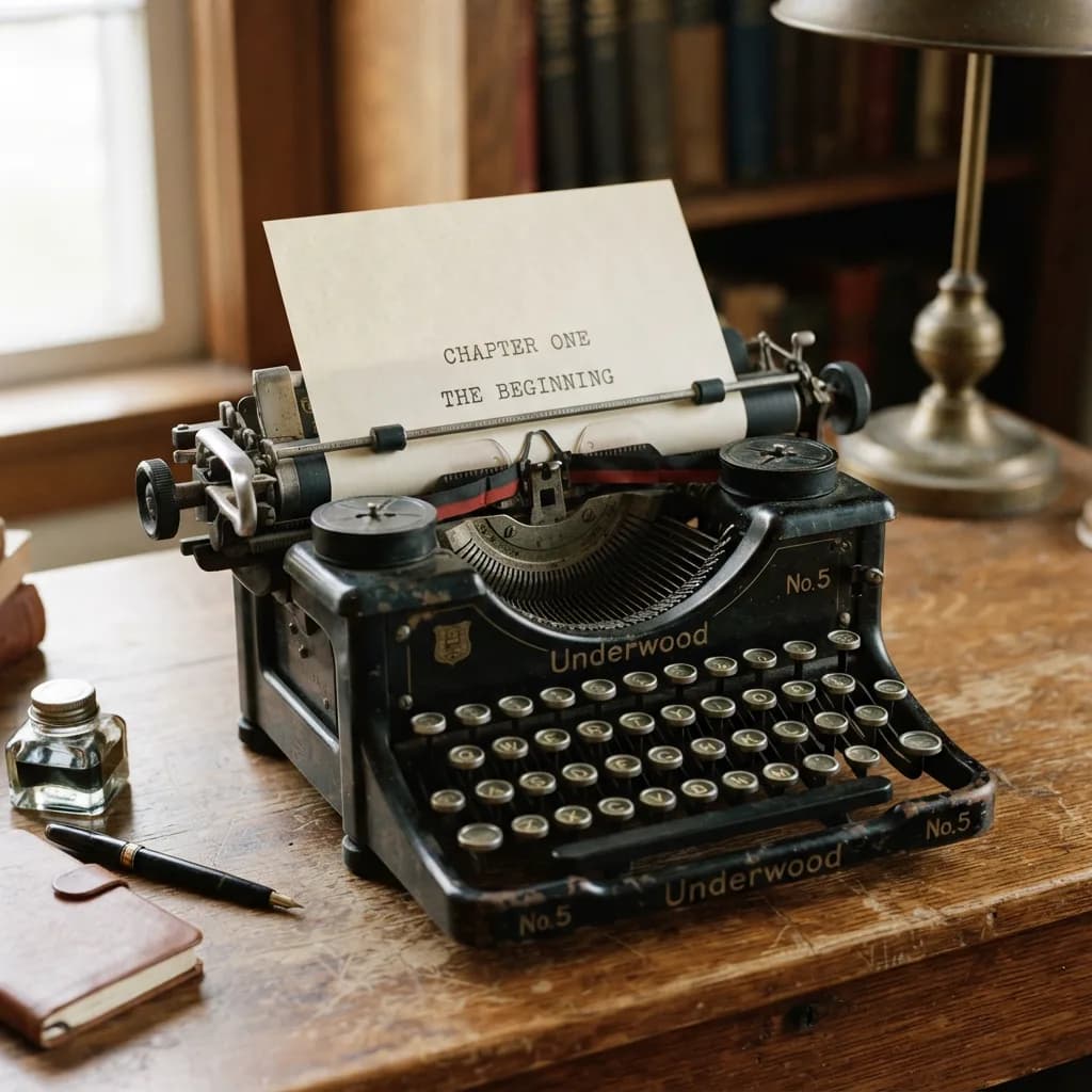 Typewriter with paper showing Chapter One The Beginning, Nano Banana 2 Lite