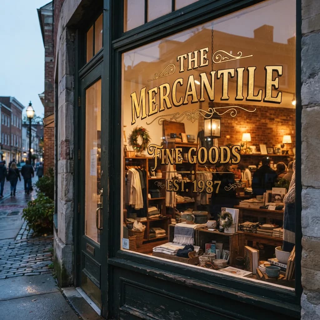 Storefront window with gold leaf lettering EST 1987 Fine Goods, Nano Banana 2 Lite — added THE MERCANTILE masthead with ornamental details