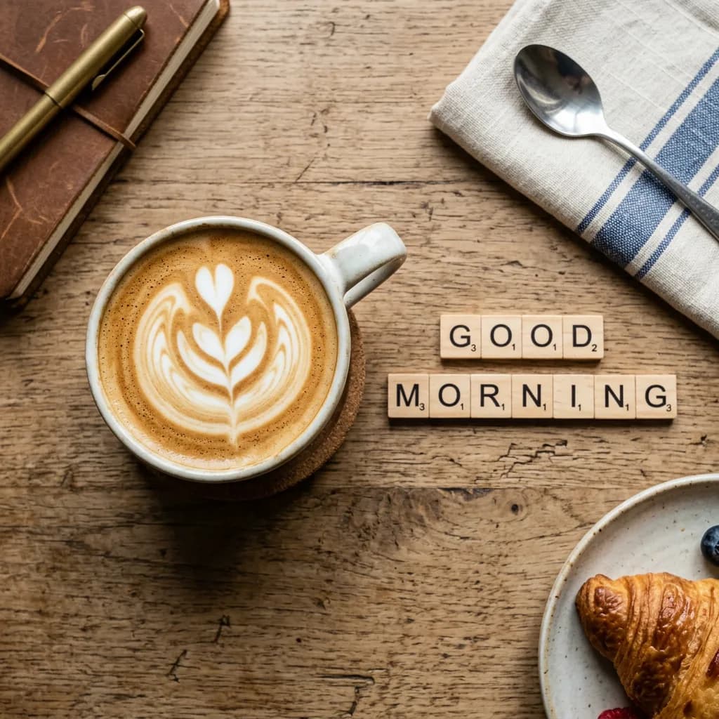 GOOD MORNING tiles with coffee, Nano Banana 2