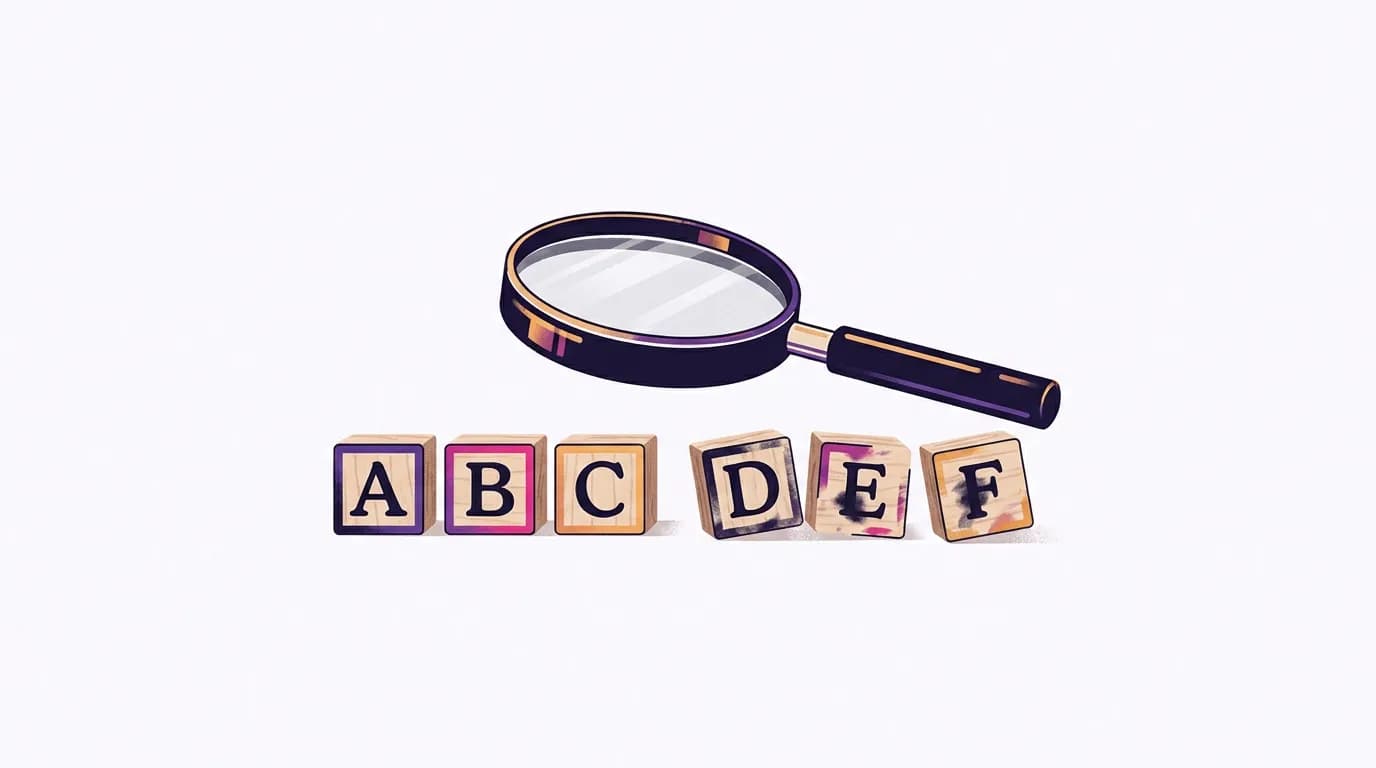 A magnifying glass hovering over a row of small alphabet blocks spelling out a word, some blocks crisp and others slightly jumbled, editorial illustration style, soft pastel paper background, dark ink details, accents of violet fuchsia and warm amber, clean minimal composition, generous negative space, subtle grain, premium tech-magazine aesthetic, no text, no words, no logos