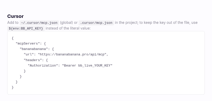 Cursor configuration snippet on the BananaBanana MCP docs page showing the mcp.json block with env-var interpolation