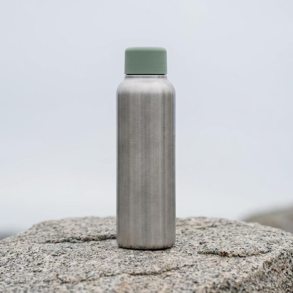 Photorealistic product placeholder of a brushed steel water bottle with a sage-green cap on granite, generated in Cursor via MCP for a landing page card grid