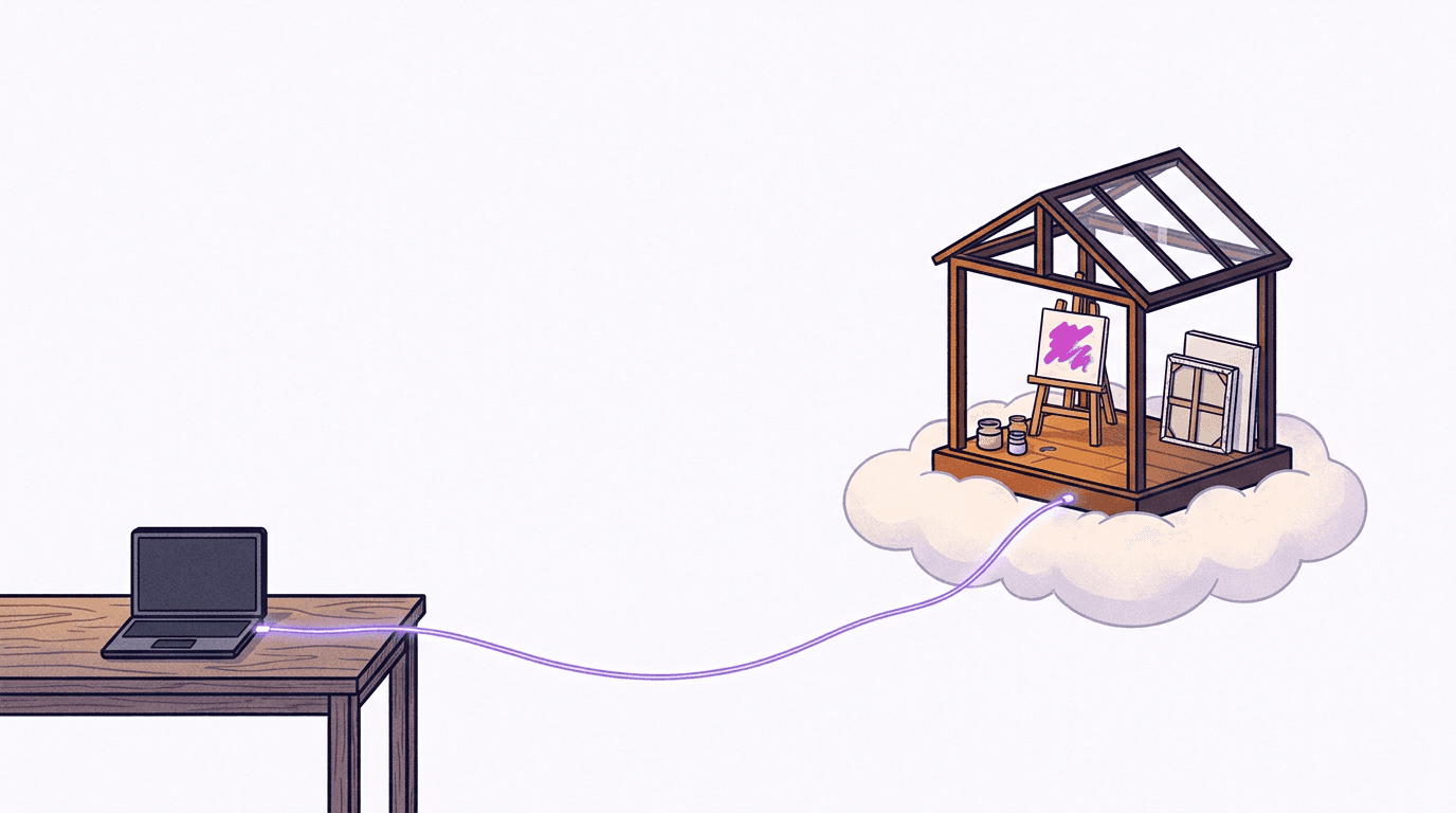 Editorial illustration of a laptop connected by a glowing cable to a small art studio on a cloud, a metaphor for Cursor calling a remote image generation MCP server