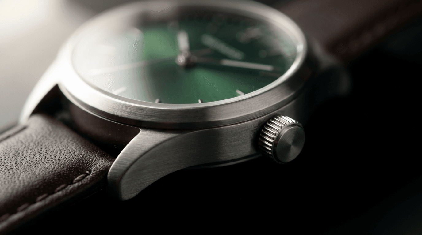 Nano Banana Pro macro photography example: extreme close-up of a knurled watch crown and brushed steel case