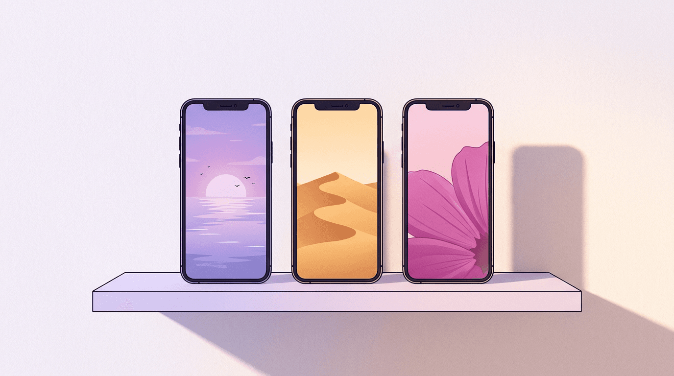 Three vertical smartphone screens standing in a row like small gallery frames, each showing a different pastel scene, warm side light