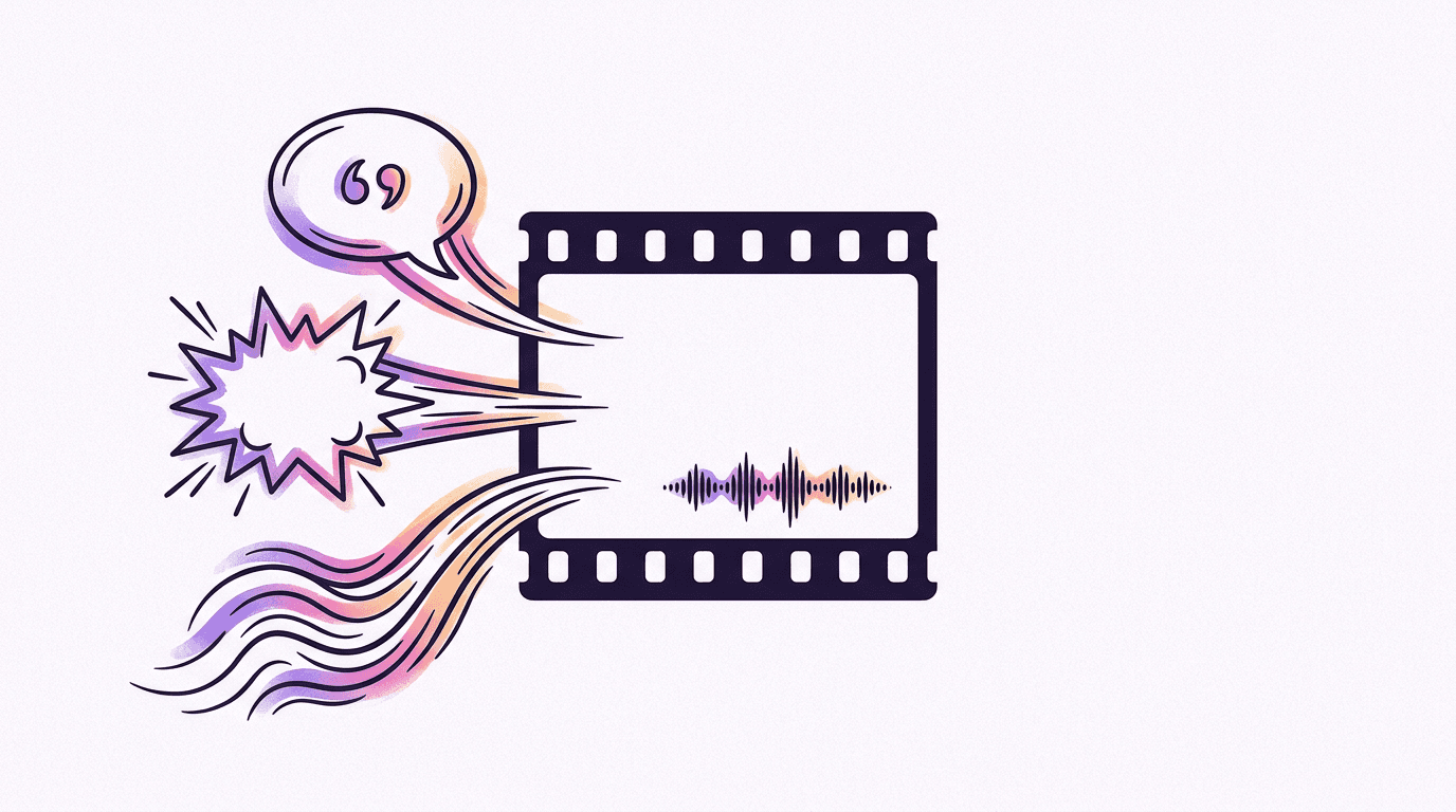 Sound waves, a dialogue speech bubble and ambient noise symbols flowing into a film frame, showing how Veo 3.1 audio prompts are structured