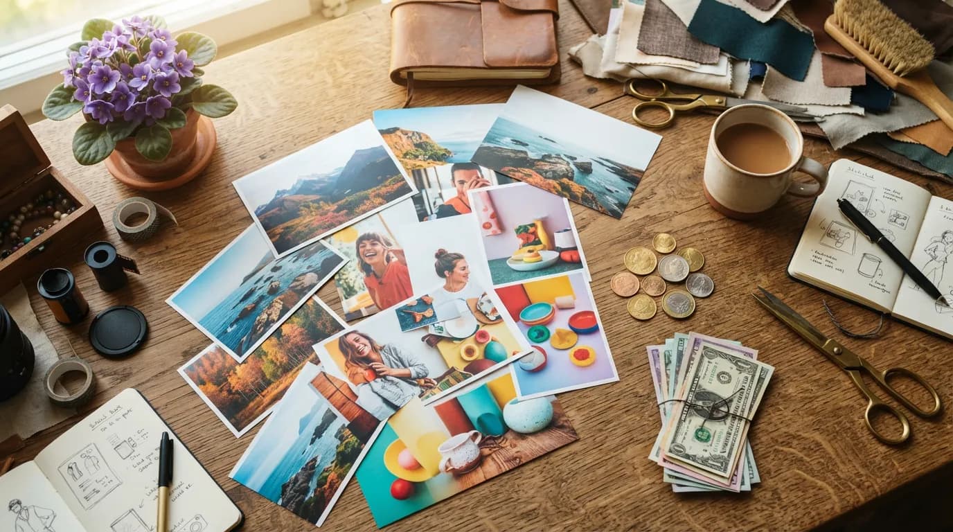 Flat lay of vibrant AI-generated photographs next to coins — pay-per-image pricing on BananaBanana
