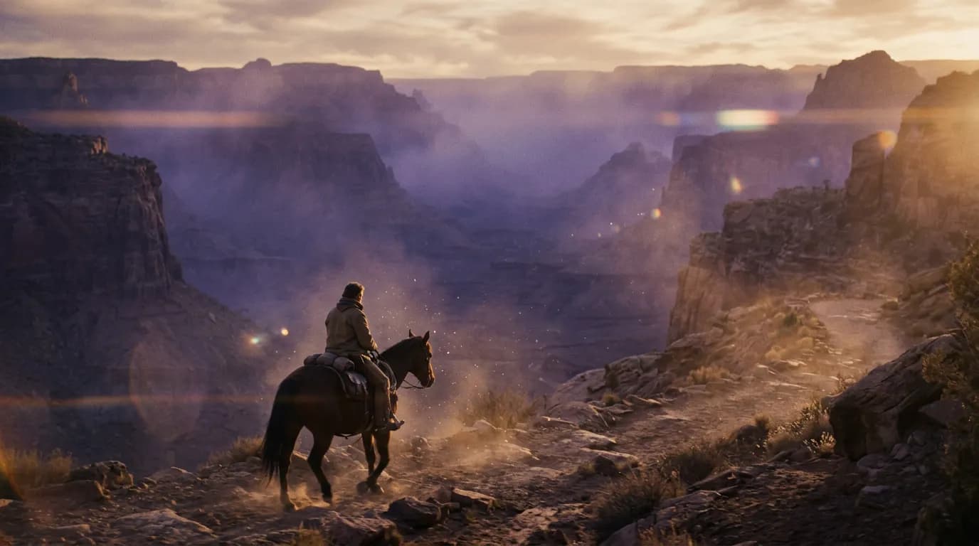 AI-generated cinematic film still of a rider crossing a misty desert canyon at golden hour, the visual style Veo 3.1 produces on BananaBanana