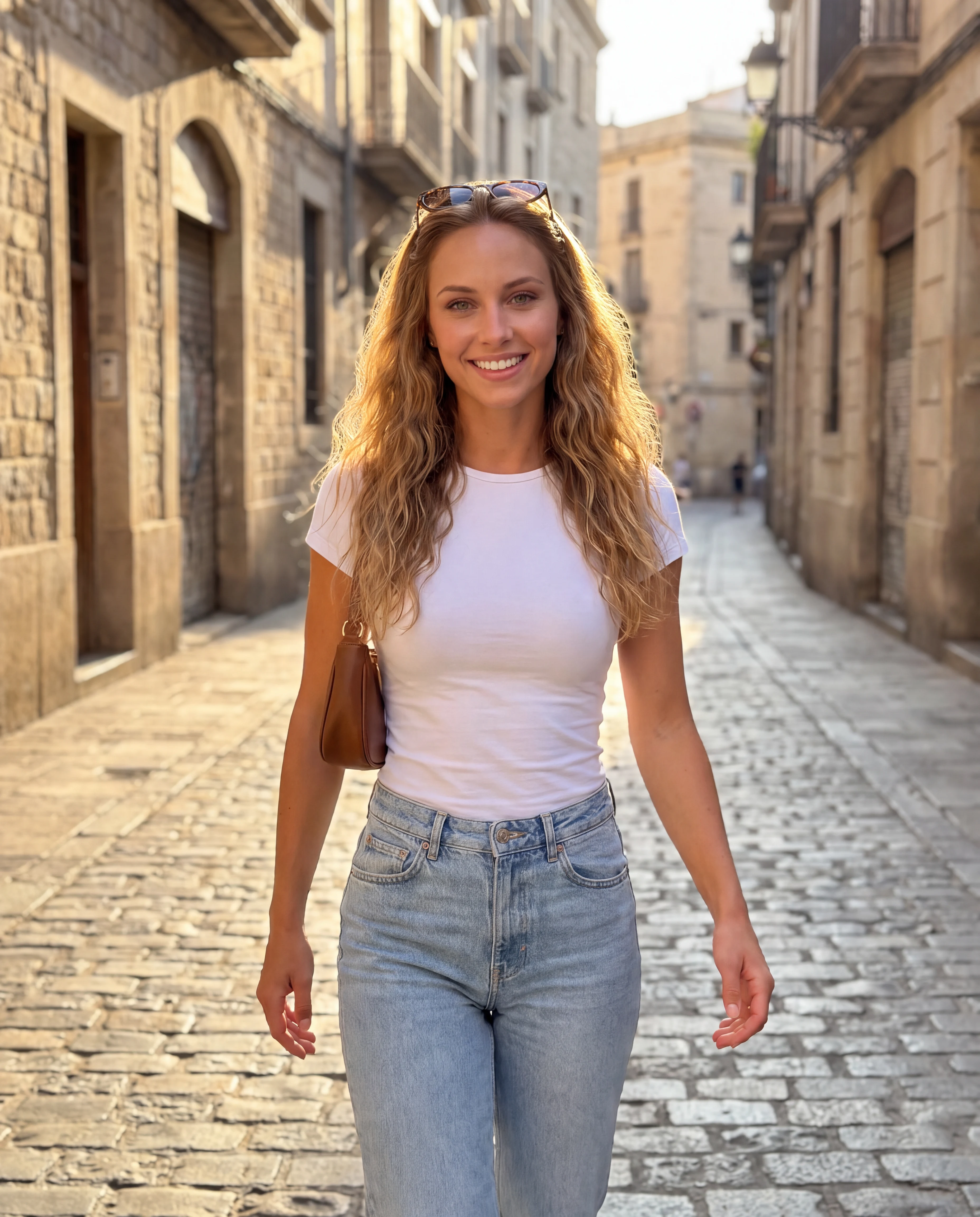 Beispiel für einen KI-Influencer: dasselbe virtuelle Model aus einem Referenzfoto in einer neuen Szene (3/8)